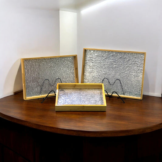 3-Piece Wooden & Textured Glass Serving Tray Set