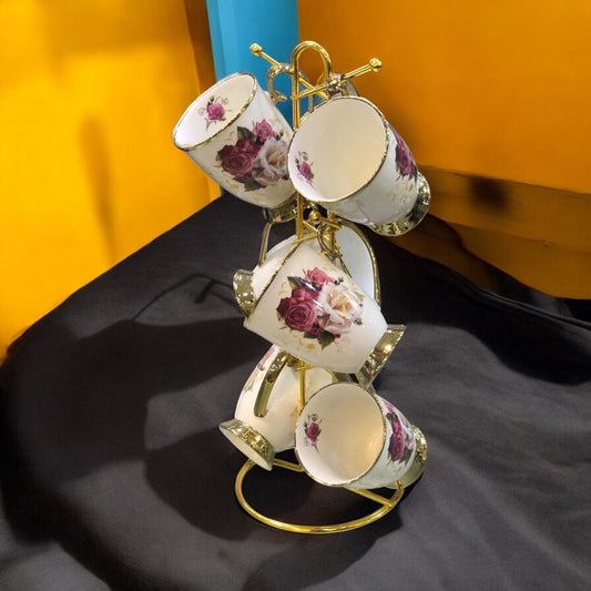 6 Floral Mugs with Stand